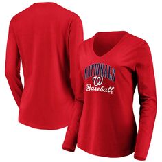 Женская красная футболка с v-образным вырезом и длинными рукавами с надписью Fanatics Washington Nationals Victory Script Fanatics