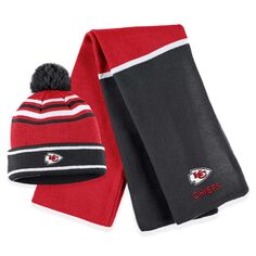 Женская одежда Erin Andrews Red Kansas City Chiefs Вязаная шапка с манжетами и цветными блоками, комплект с помпоном и шарфом Unbranded