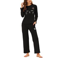 Женские пижамы, ночная рубашка, топы и брюки с милым кошачьим принтом, одежда для сна, комплекты для отдыха, черный Unbranded