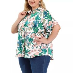 Женские рубашки больших размеров, летняя рубашка с короткими рукавами и полной планкой на пуговицах и цветочным принтом Agnes Orinda