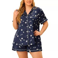 Пижамный комплект больших размеров для женщин, однобортный пижамный комплект со звездами и короткими рукавами Agnes Orinda