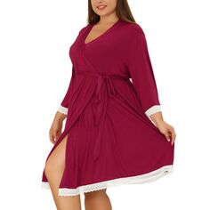 Женская ночная рубашка больших размеров, халат с запахом и поясом, кружевная отделка, пижама с рукавами 3/4 Agnes Orinda