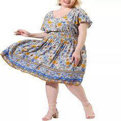 Женское праздничное платье миди в стиле бохо с цветочным принтом больших размеров Agnes Orinda, бежевый