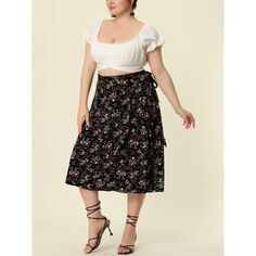Женская летняя юбка миди с запахом и запахом для женщин, походная цветочная юбка большого размера Agnes Orinda, черный