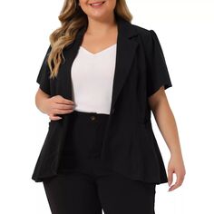 Блейзер больших размеров для женщин, офисная работа, пиджак с короткими рукавами и пуговицами, куртка Agnes Orinda, черный