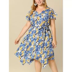 Женское платье миди больших размеров с v-образным вырезом и цветочным принтом, с поясом и оборками Agnes Orinda, синий