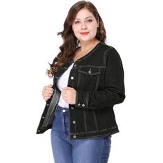 Женская джинсовая куртка без воротника больших размеров с длинными рукавами Agnes Orinda, черный/серый