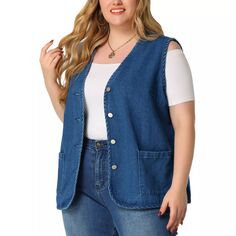 Женская джинсовая куртка без рукавов больших размеров с V-образным вырезом и пуговицами Agnes Orinda, синий