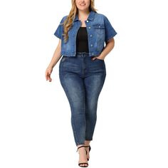 Женская укороченная джинсовая куртка больших размеров с короткими рукавами Agnes Orinda, синий