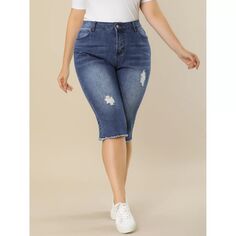 Женские джинсовые леггинсы больших размеров с рваными прорезными карманами и капри больших размеров Agnes Orinda, синий