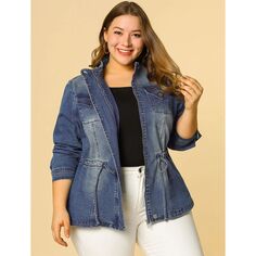 Женская осенняя одежда больших размеров с завязкой на талии и молнией, джинсовая куртка Agnes Orinda, синий