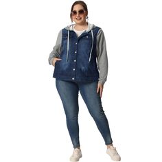 Женская джинсовая куртка больших размеров с многослойным капюшоном на шнурке Agnes Orinda, синий