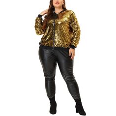 Женская куртка-бомбер на молнии с металлическими пайетками больших размеров Agnes Orinda, золотой
