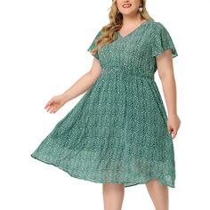 Женское летнее платье больших размеров с цветочным принтом и V-образным вырезом, присборенной талией, короткими рукавами, трапециевидное платье-миди Agnes Orinda, зеленый