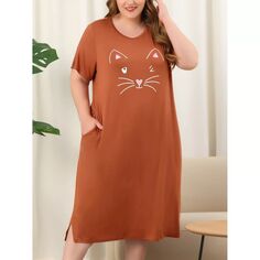 Женская удобная пижама больших размеров с милым кошачьим принтом и боковым карманом, ночная рубашка Agnes Orinda
