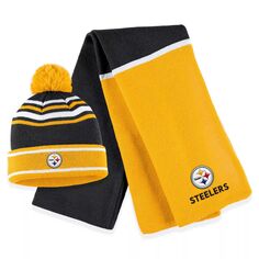 Женская одежда Erin Andrews Black Pittsburgh Steelers с цветными блоками, вязаная шапка с манжетами, помпоном и шарфом Unbranded