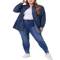 Женская джинсовая длинная куртка-рубашка больших размеров с длинным рукавом на пуговицах Agnes Orinda, темно-синий