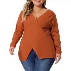 Женские трикотажные пуловеры больших размеров с глубоким V-образным вырезом и запахом, пышные свитера Agnes Orinda, оранжевый