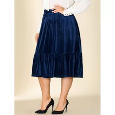 Женская бархатная юбка миди больших размеров с эластичной резинкой на талии и оборками на подол Agnes Orinda, темно-синий