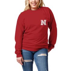 Женская лига студенческой одежды Scarlet Nebraska Huskers, футболка большого размера с длинными рукавами и карманами Unbranded
