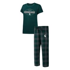 Женская спортивная зеленая/черная футболка со значком Spartans штата Мичиган и фланелевые брюки для женщин, комплект для сна Unbranded