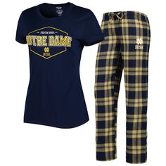 Женская спортивная футболка темно-синего/золотого цвета с изображением ирландского значка «Нотр-Дам» и фланелевые брюки, комплект для сна Unbranded