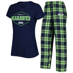 Женский комплект для сна, темно-синий/неоново-зеленый спортивный значок «Сиэтл Сихокс», футболка и брюки для женщин Concepts Sport College Unbranded