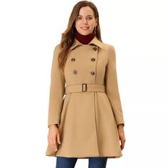 Женское двубортное зимнее длинное пальто с отложным воротником и распашным краем ALLEGRA K