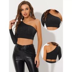 Укороченный блестящий топ для женской клубной одежды металлик, облегающая футболка на одно плечо ALLEGRA K, черный