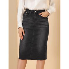 Женская однотонная джинсовая юбка с завышенной талией, джинсовые юбки средней длины с разрезом на спине ALLEGRA K, черный