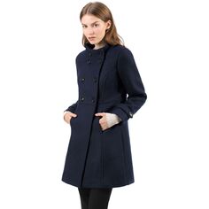 Женское двубортное модное зимнее пальто с воротником-стойкой и длинными рукавами ALLEGRA K, черный