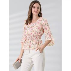 Женская блузка с цветочным принтом, v-образный вырез, расклешенные рукава, топ с баской и присборенной талией ALLEGRA K, черный