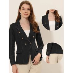Женская джинсовая куртка с длинными рукавами и пуговицами с зубчатыми лацканами и карманами ALLEGRA K, черный
