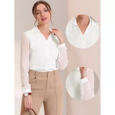 Блузка с V-образным вырезом для женщин, воротник с лацканами, сетчатая вставка, рукав-фонарь, элегантная офисная рабочая рубашка ALLEGRA K, черный