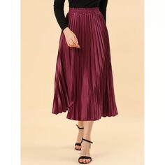 Женская блестящая плиссированная юбка-миди металлик с эластичной резинкой на талии ALLEGRA K, черный