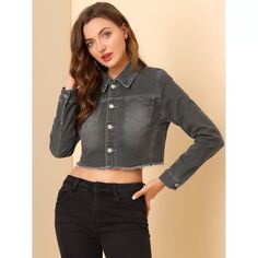 Женская укороченная джинсовая куртка с длинными рукавами и пуговицами с потертым краем ALLEGRA K, черный