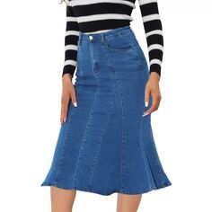 Женская облегающая джинсовая юбка миди с высокой талией на молнии и оборками по краю «рыбий хвост» ALLEGRA K, синий