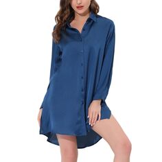 Женская пижама, ночная рубашка, рубашка на пуговицах с длинными рукавами, платье, атласная ночная рубашка ALLEGRA K, синий