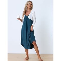 Женская пижама с V-образным вырезом, мягкая ночная рубашка, эластичное платье на бретельках для отдыха ALLEGRA K, синий