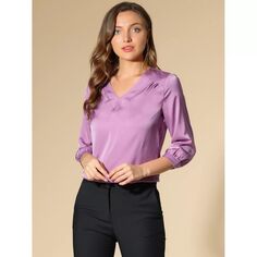 Женские повседневные атласные блузки для офисной работы с V-образным вырезом и рукавами 3/4 ALLEGRA K
