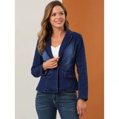 Женская потертая джинсовая куртка на пуговицах с длинными рукавами и зубчатыми лацканами ALLEGRA K, синий