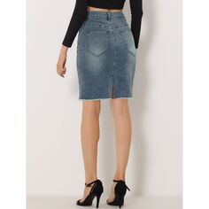 Женская джинсовая юбка длиной до колена с рваным подолом и высокой талией ALLEGRA K, синий