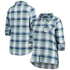 Женская спортивная студенческая темно-синяя/неоново-зеленая ночная рубашка на пуговицах «Сиэтл Сихокс» больших размеров Accolade с длинными рукавами Unbranded