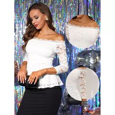 Элегантная кружевная блузка для женщин, полупрозрачный топ с открытыми плечами и баской с рукавами 3/4 ALLEGRA K