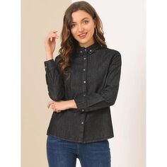 Женские однотонные рубашки Джинсовая рубашка на пуговицах с длинным рукавом ALLEGRA K, темно-синий