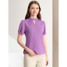 Женские элегантные офисные рубашки с воротником-стойкой и короткими пышными рукавами, блузки с замочной скважиной ALLEGRA K