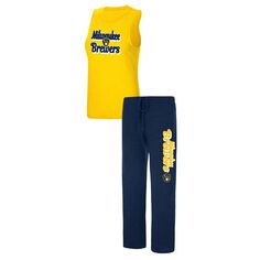 Женский спортивный комплект темно-синего/золотого цвета Milwaukee Brewers Wordmark Meter Muscle Майка и брюки для сна Unbranded