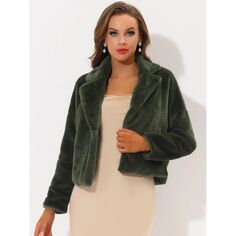 Женская укороченная куртка, пушистое пальто из искусственного меха с лацканами ALLEGRA K, темно-зеленый