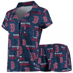 Женский спортивный костюм темно-синего цвета Boston Red Sox Zest с рубашкой на пуговицах и шортами для сна со сплошным принтом Unbranded