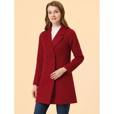 Женское двубортное пальто средней длины с лацканами реглан и длинными рукавами ALLEGRA K, темно-красный